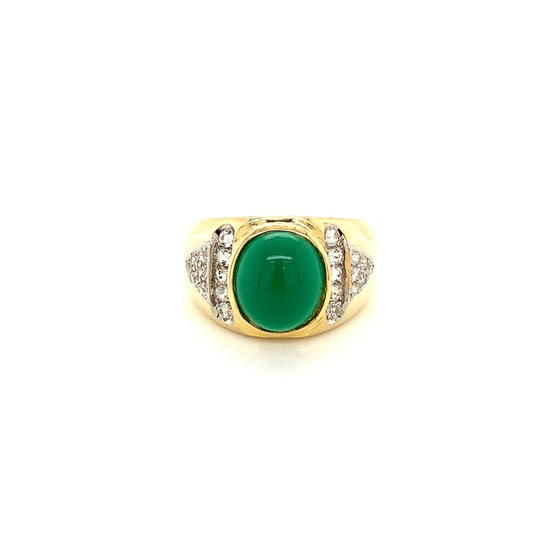 Green Chalcedony Set In With White Zircon Gold Plated Silver Ring