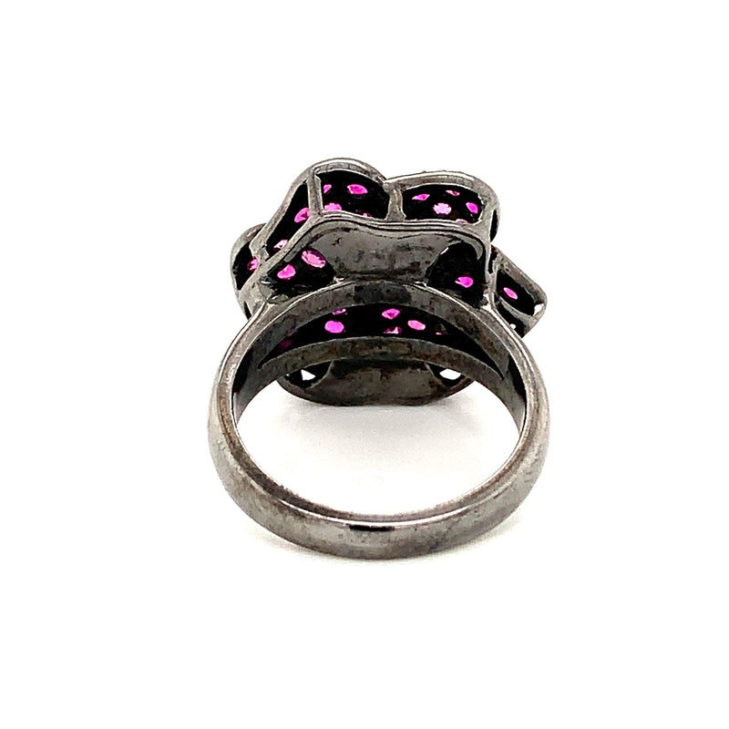 Burmese Ruby & Diamonds Black Rhodium Plated 925 Silver Ring