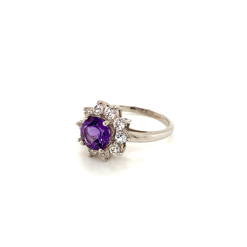 Amethyst Set In With White Zircon Silver Ring