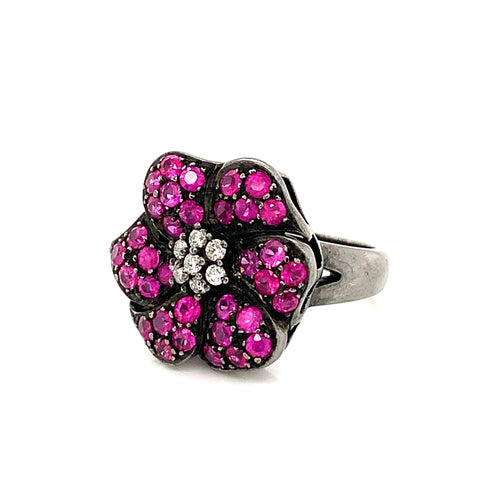 Burmese Ruby & Diamonds Black Rhodium Plated 925 Silver Ring