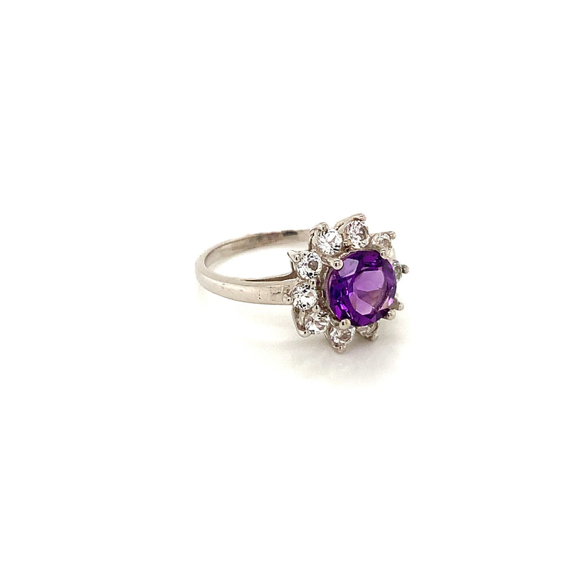 Amethyst Set In With White Zircon Silver Ring