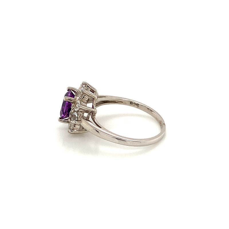 Amethyst Set In With White Zircon Silver Ring